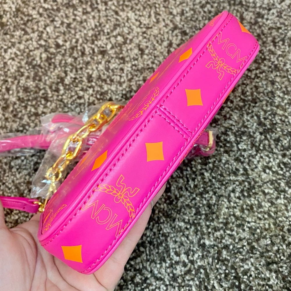 NWT MCM Fuchsia Pink Mini Color Splash Logo Leather Shoulder Bag - Picture 11 of 13